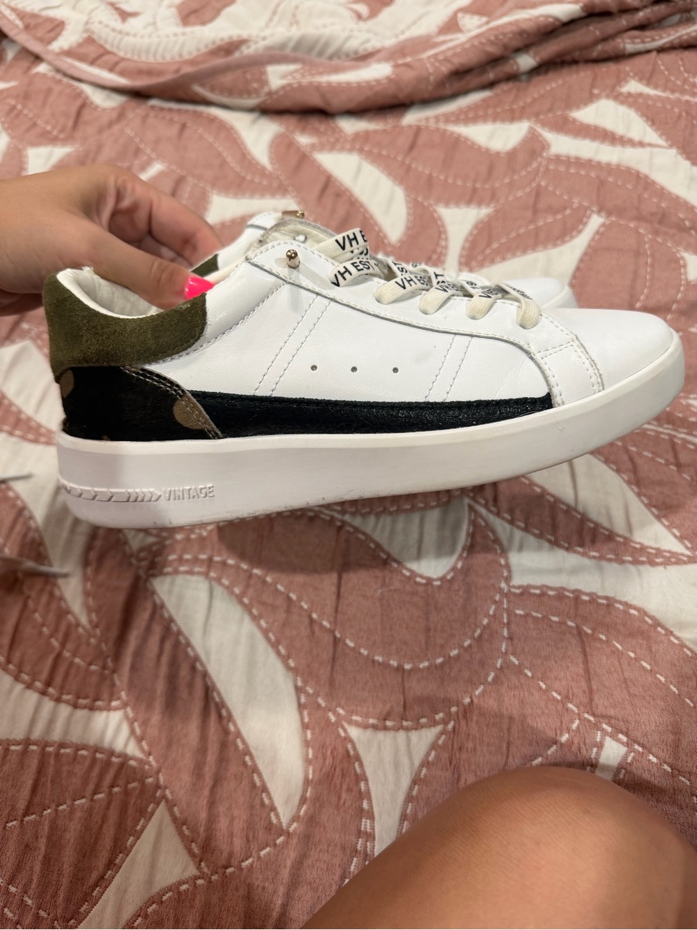Vintage Havana White Leather Sneakers with Black Stripe and Olive Accent